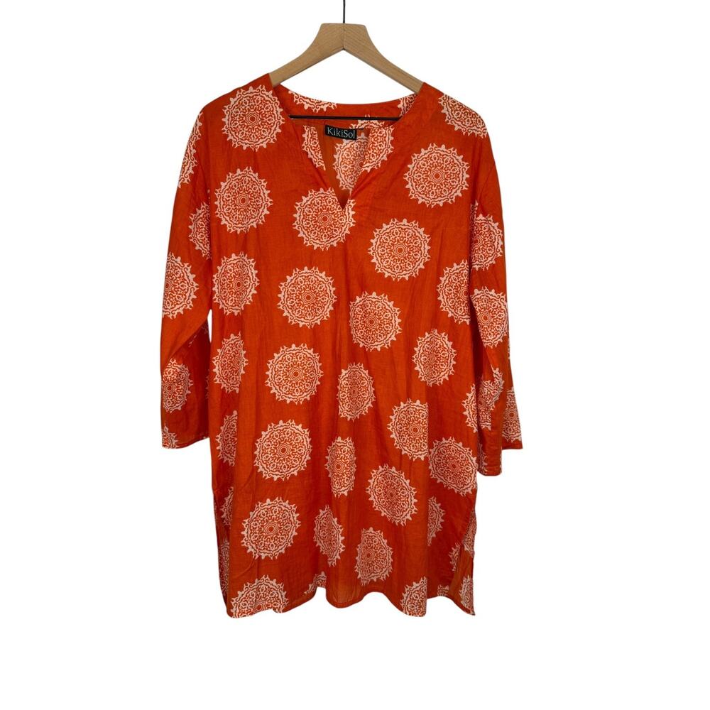 KIKISOL Block Print Tunic Top Orange Est L/XL 100% Cotton Coverup Vacation Beach